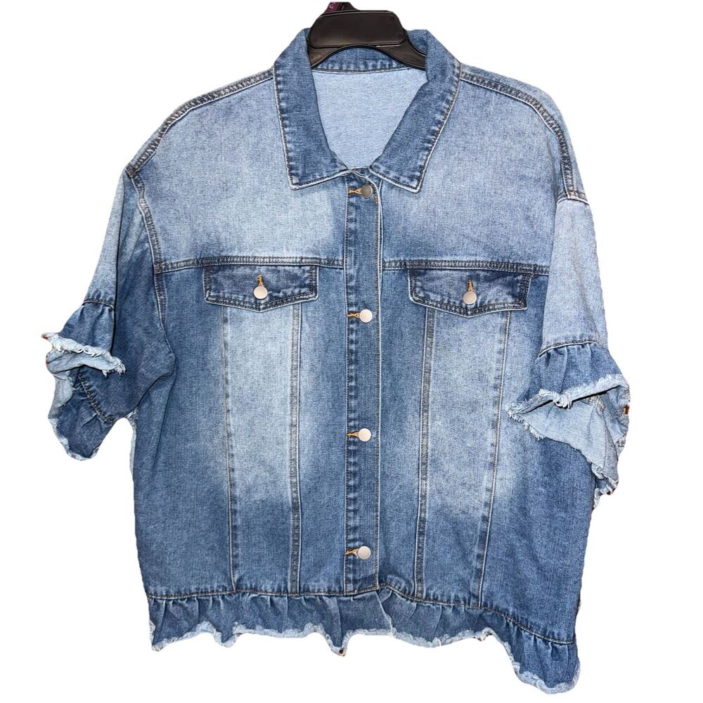 Blue Denim Short Frayed Raw Edge Ruffled Sleeve Jacket 2XL
